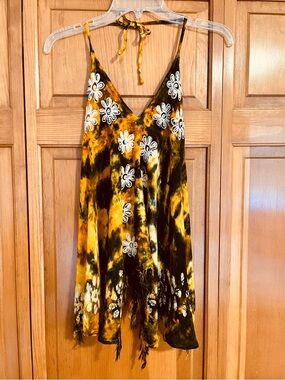 Embroidered, tasseled size small halter top, boho,festival, hippie, tie dye
